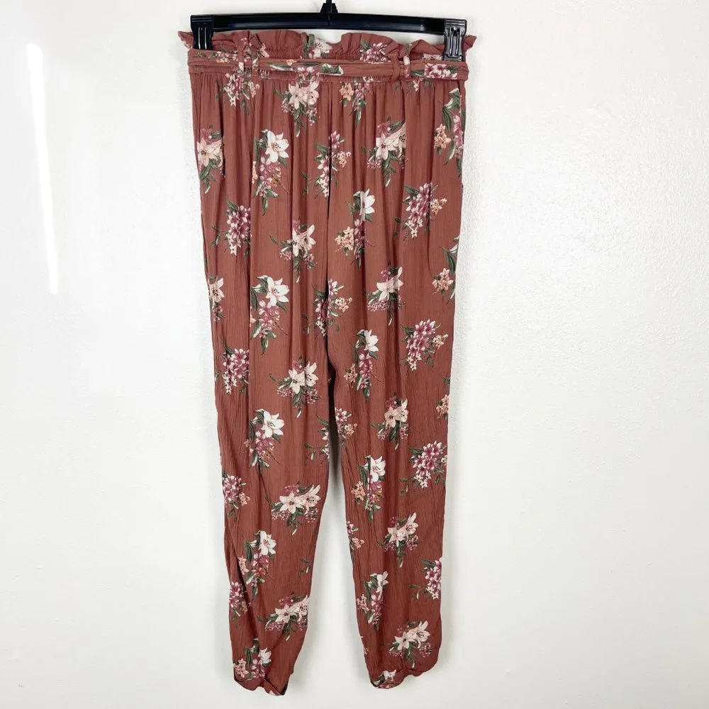 AMERICAN EAGLE Brown Floral Pencil High Rise Casual Paper Bag Waist Pants SMALL - Picture 2 of 10